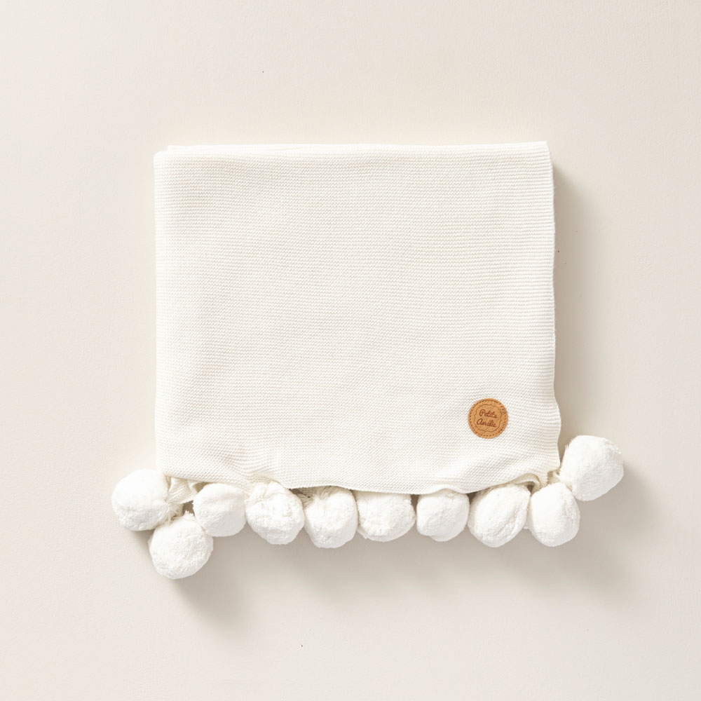 Baby Blanket with Pom-Poms | 80x100 cm | Ivory White