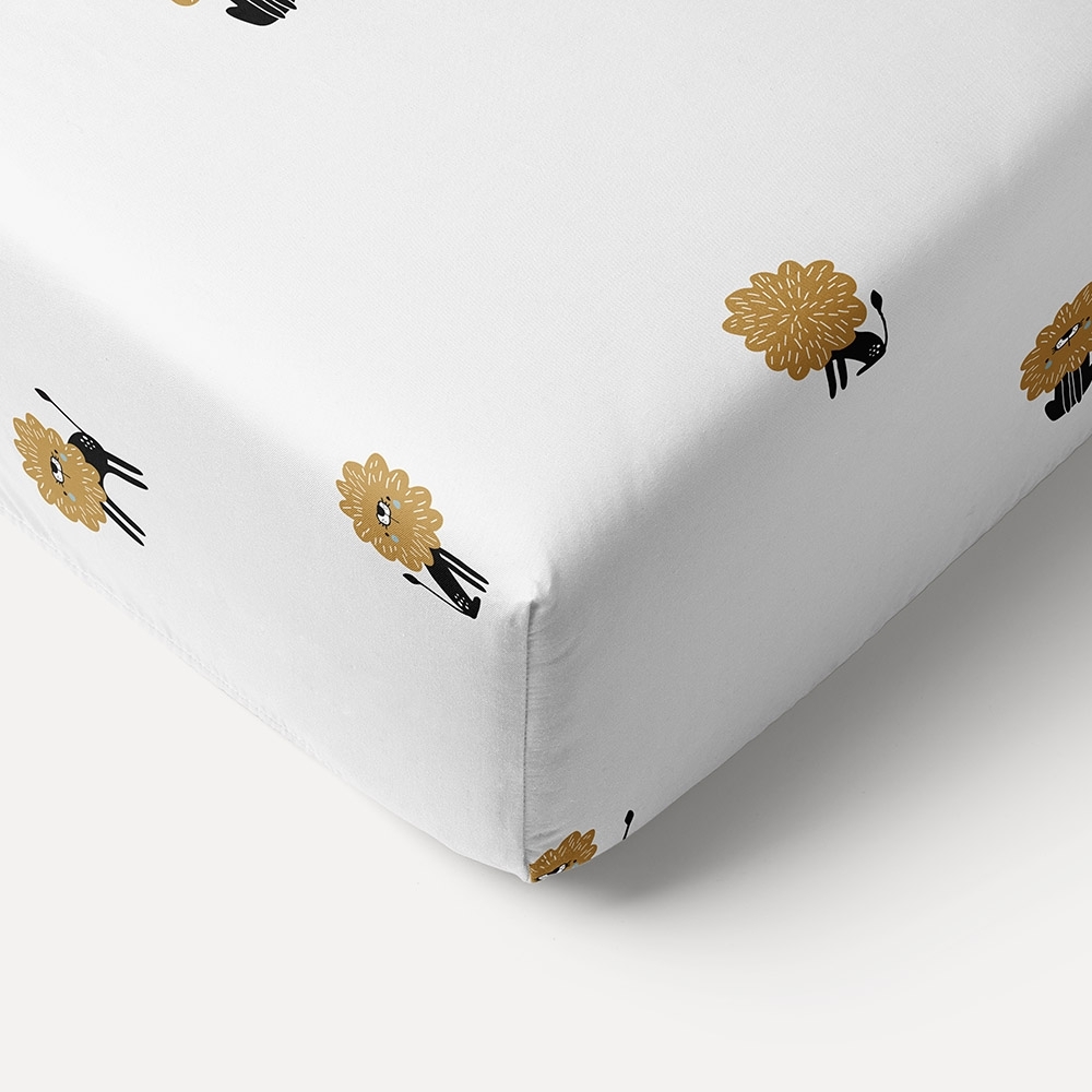 Single bed cotton fitted sheet GOTS lion «Leo» 200x90cm | White