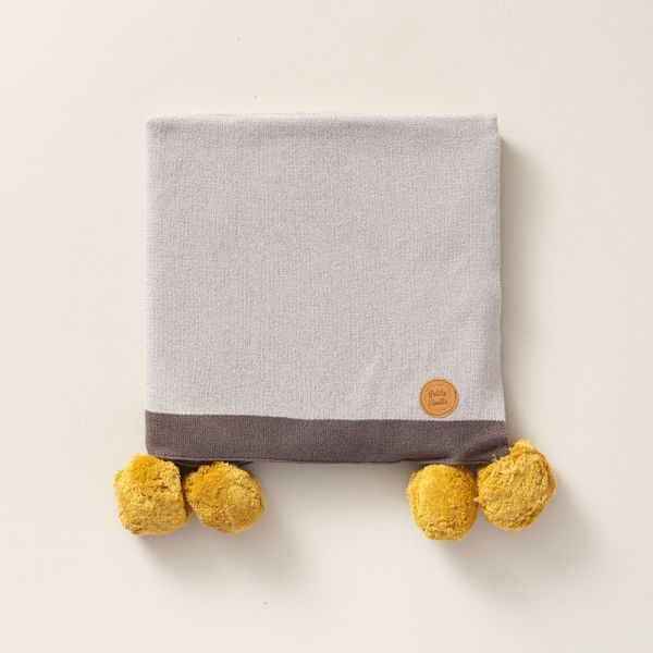 100x150cm yellow pom pom baby blanket in grey colour petite amelie