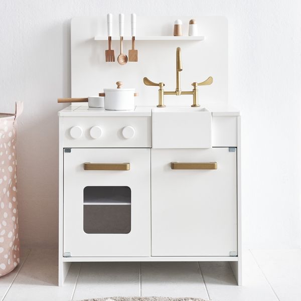 wooden play kitchen in white cooking toys from Petite Amélie