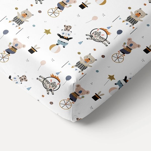 GOTS Toddler Cot Fitted sheet Circus 80x160cm White