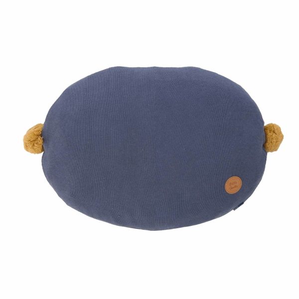 navy blue mustard pom pom cushion from Petite Amélie