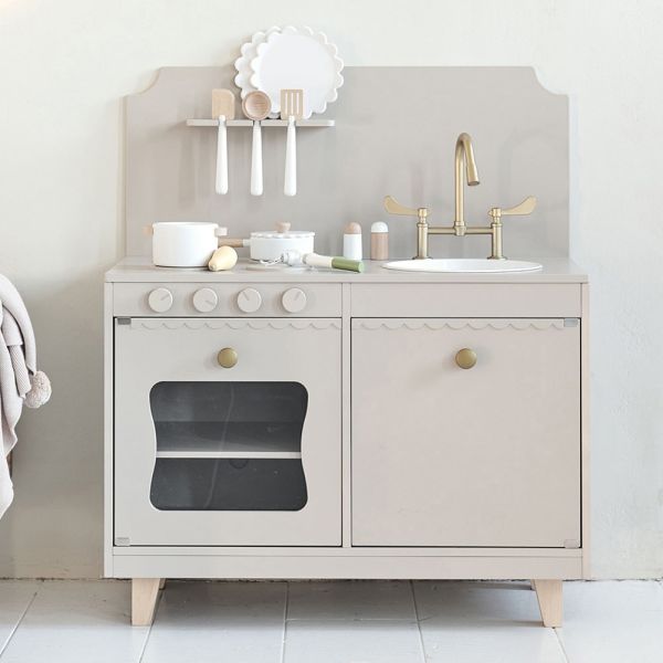 Wooden play kitchen «Sorbier» | Incl. 13-piece accessory set | Taupe