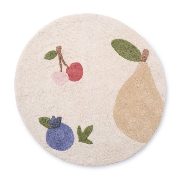 Round rugs beige multicolour fruit motif washable soft nursery playroom from Petite Amélie