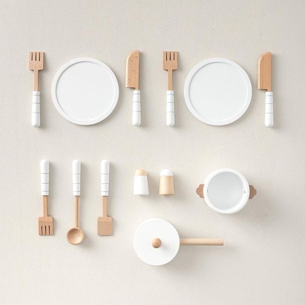 white wooden play toy dinner set from Petite Amélie