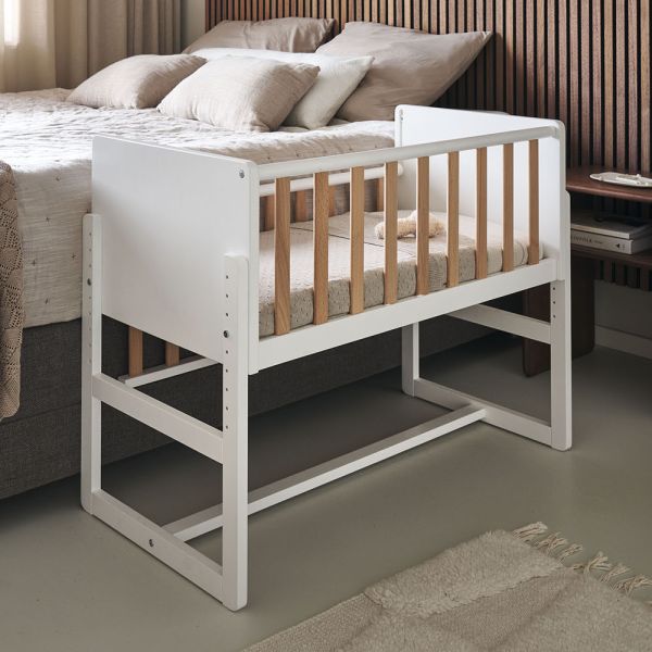 Baby bedside crib wooden bedside cot bed in natural and white from Petite Amélie