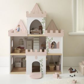 Wooden dolls house castle | Incl. dolls and 10-piece furniture set | Pink