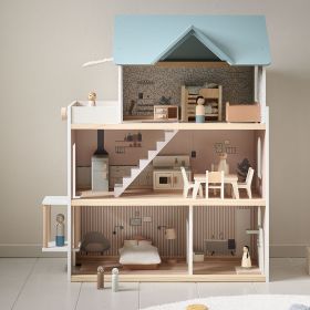 Wooden dolls house «Campagne» | incl. 14 Pieces Furniture Set | 81 cm | White & pastel blue