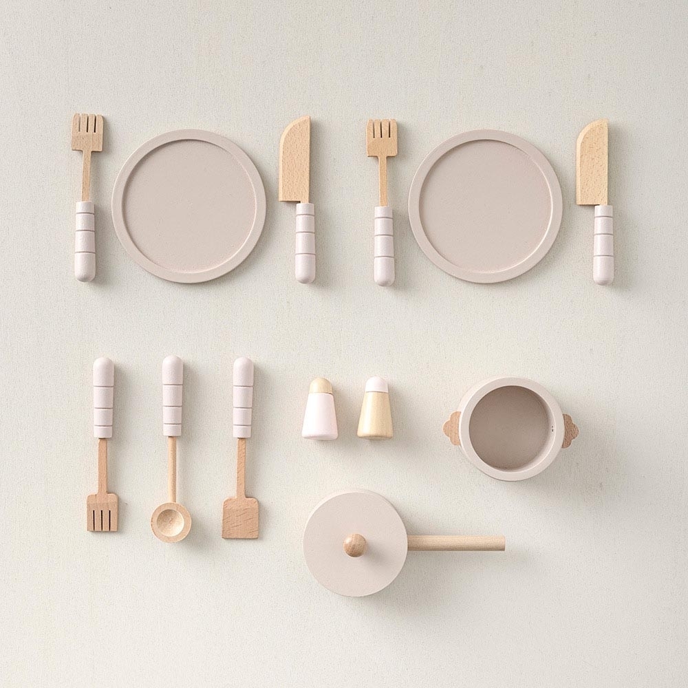 Toy Wooden Cooking, Cutlery and Crockery Set | Soft Pink