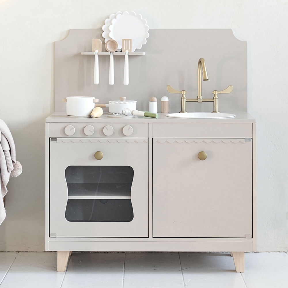 Wooden play kitchen | «Sorbier» | Taupe | With 13-piece white kitchen set