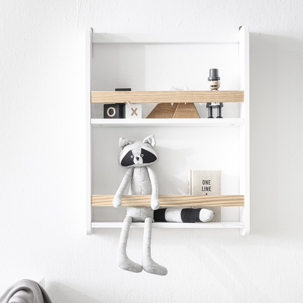 White wall shelf unit with natural wood