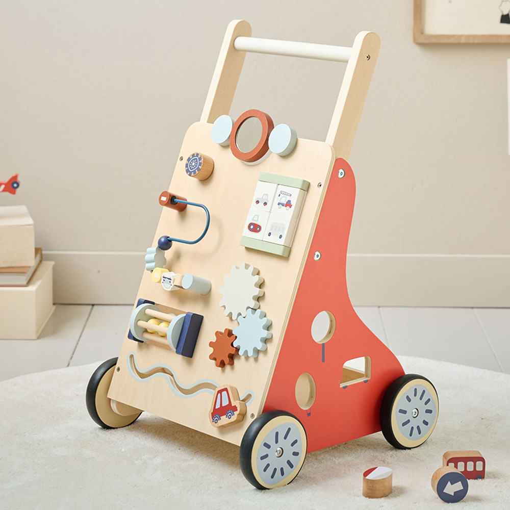 WOODEN BABY WALKER WITH ACTIVITY BOARD «VROUM» | RED